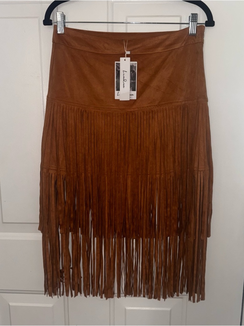 NWT Luredress Camel Faux Suede Fringe Mini Skirt Size L - Picture 3 of 10